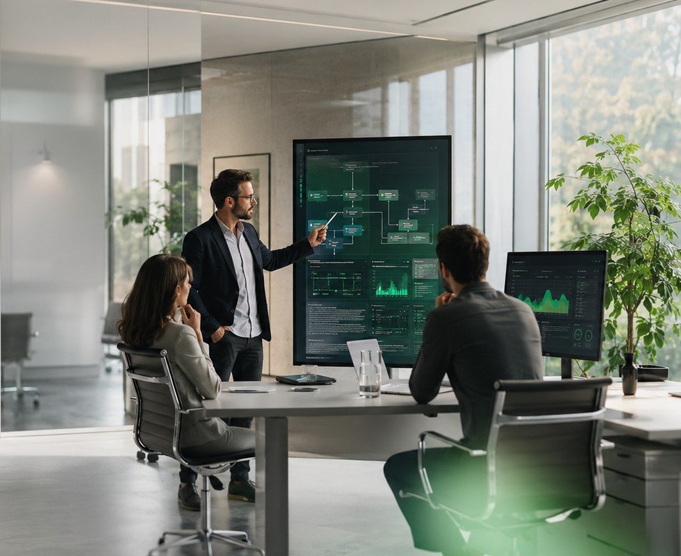 Strategic IT consulting meeting in a modern office